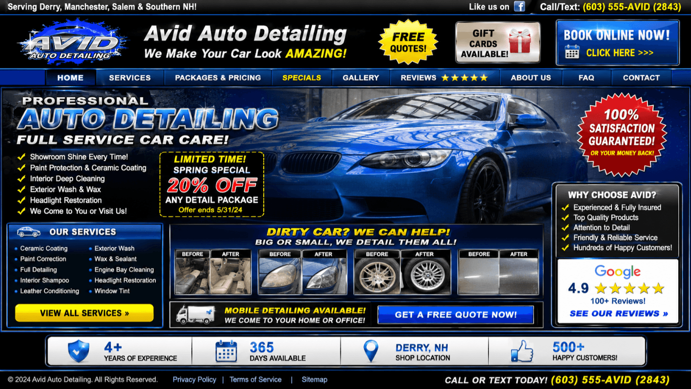 The old Avid Auto Detailing website before the rebuild, a cluttered layout with heavy gradients, starbursts, and competing calls to action