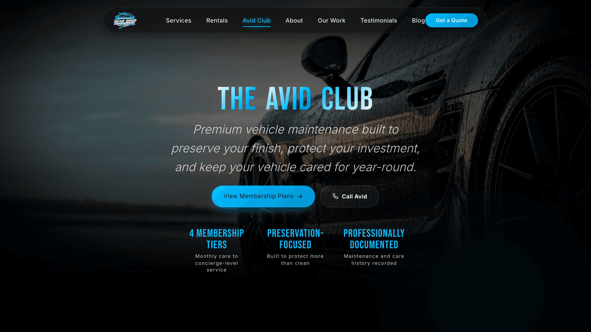 The Avid Club membership page on Avid Auto Detailing, a live site AVF Media designed and built