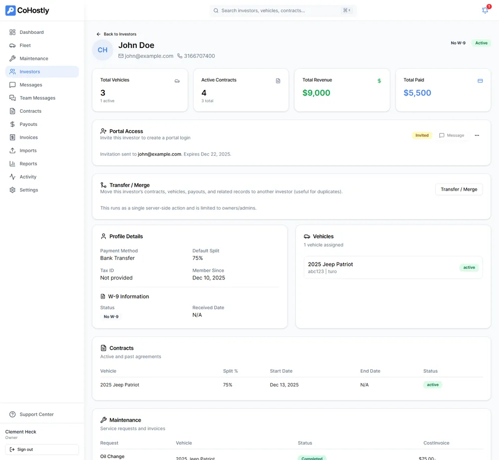 CoHostly investor portal showing one investor's vehicles, contracts, revenue, payouts, and W-9 status