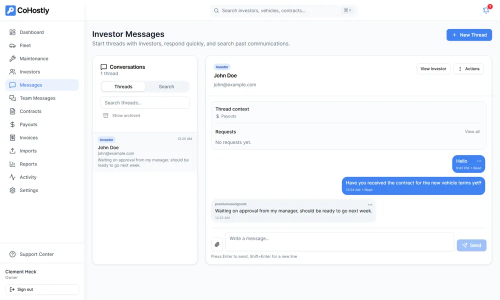CoHostly investor messaging with threaded conversations between an operator and an investor