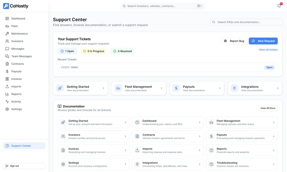 CoHostly in-app support center