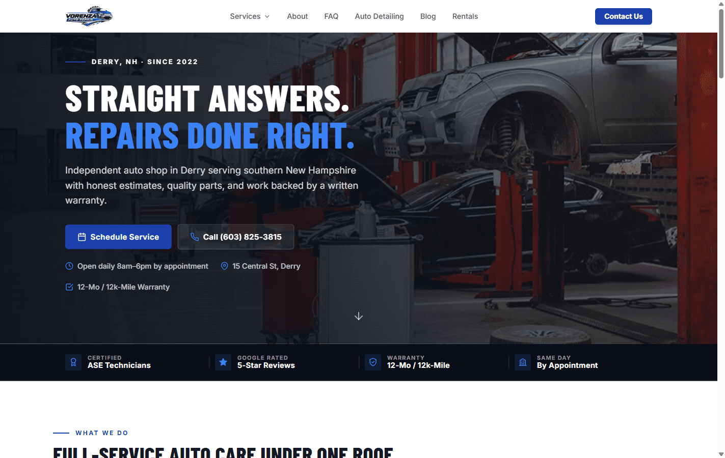 Vorenza Auto Repair homepage with a workshop-photography hero, trust badges, and a schedule-service call to action